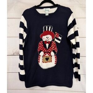 Quacker Factory Patriotic Snowman Sweater Navy Blue Striped Stars Womens Small